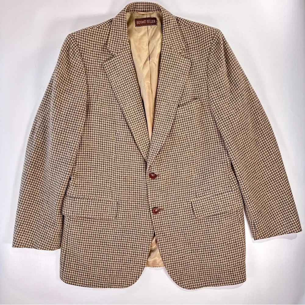 Lanvin Vintage Sport Coat Bonwit Teller Camel Hair Houndstooth Tan 40R